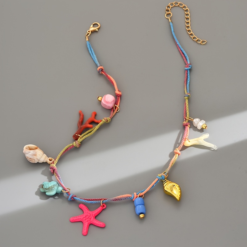 Bohemian Vacation Woven Artificial Shell And Starfish Necklace For Women, Random Rope Color And Accessories