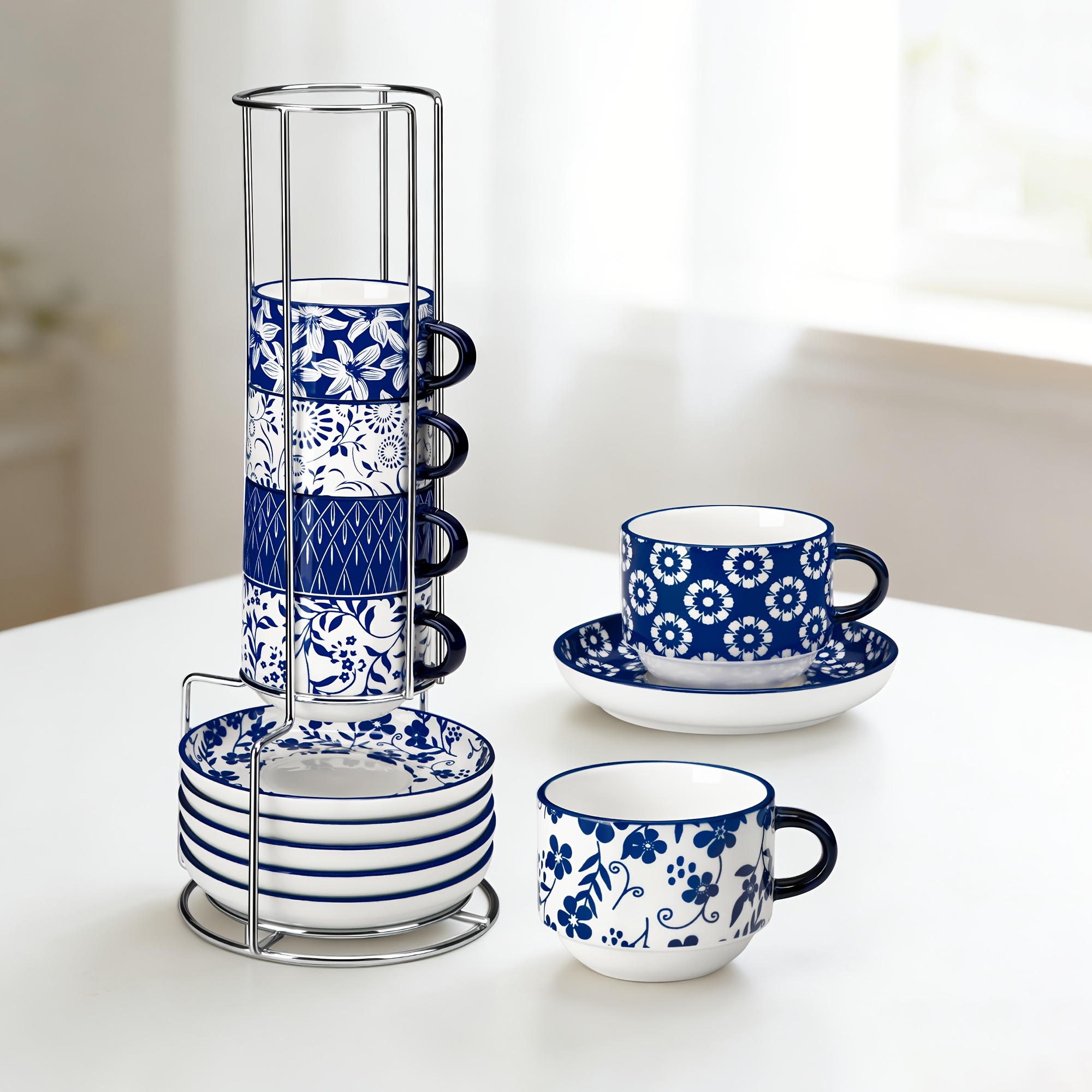 Blue And White Porcelain Coffee Cup Sets, Stackable Coffee Mug Tower Set With Metal Wire Rack, 9oz/270ml Cups For Drinks, Latte, Tea, Milk, , Beverages, Microwave Safe, Set Of 6
