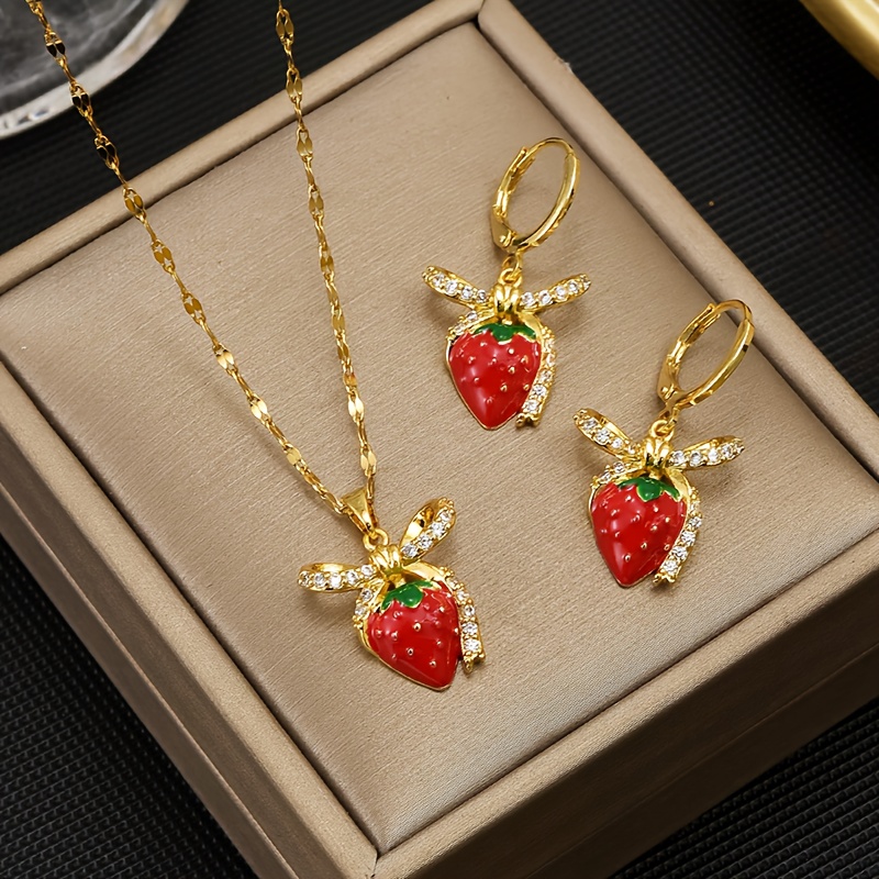 E-shop 1 Set/3-teiliges Exquisites, süßes Halsketten- und Ohrring-Set, Rotes Erdbeer-Design mit funkelnden Strass-Akzenten, Geeignet für den täglichen