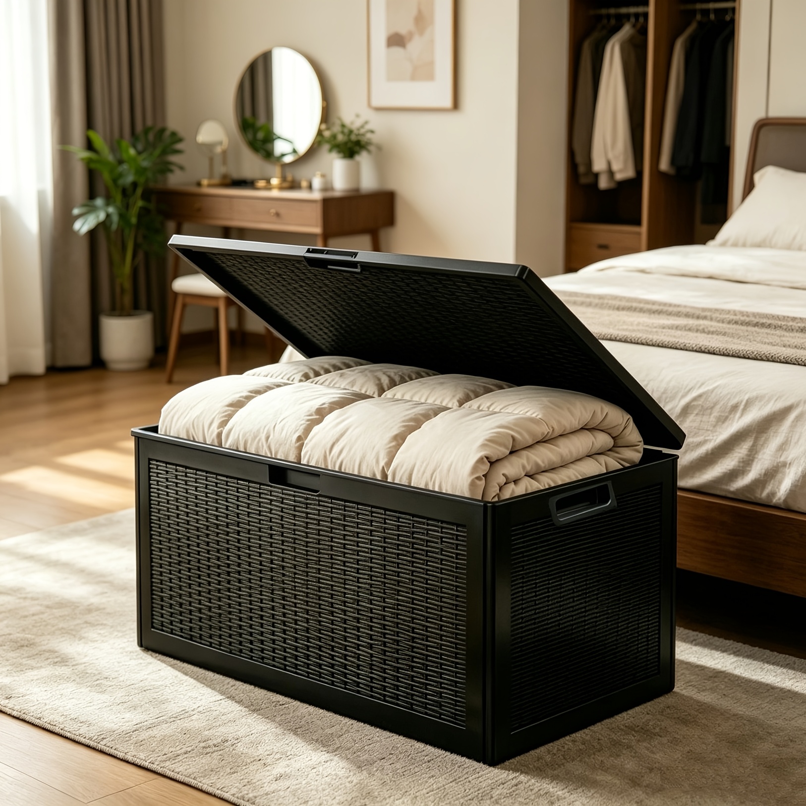 Black Storage Box with Lid, Sturdy Large Storage Container for Bedroom Clothing Pillow Organizing, Multipurpose Household Storage Trunk Organization Essential Space Saver Storage Bin