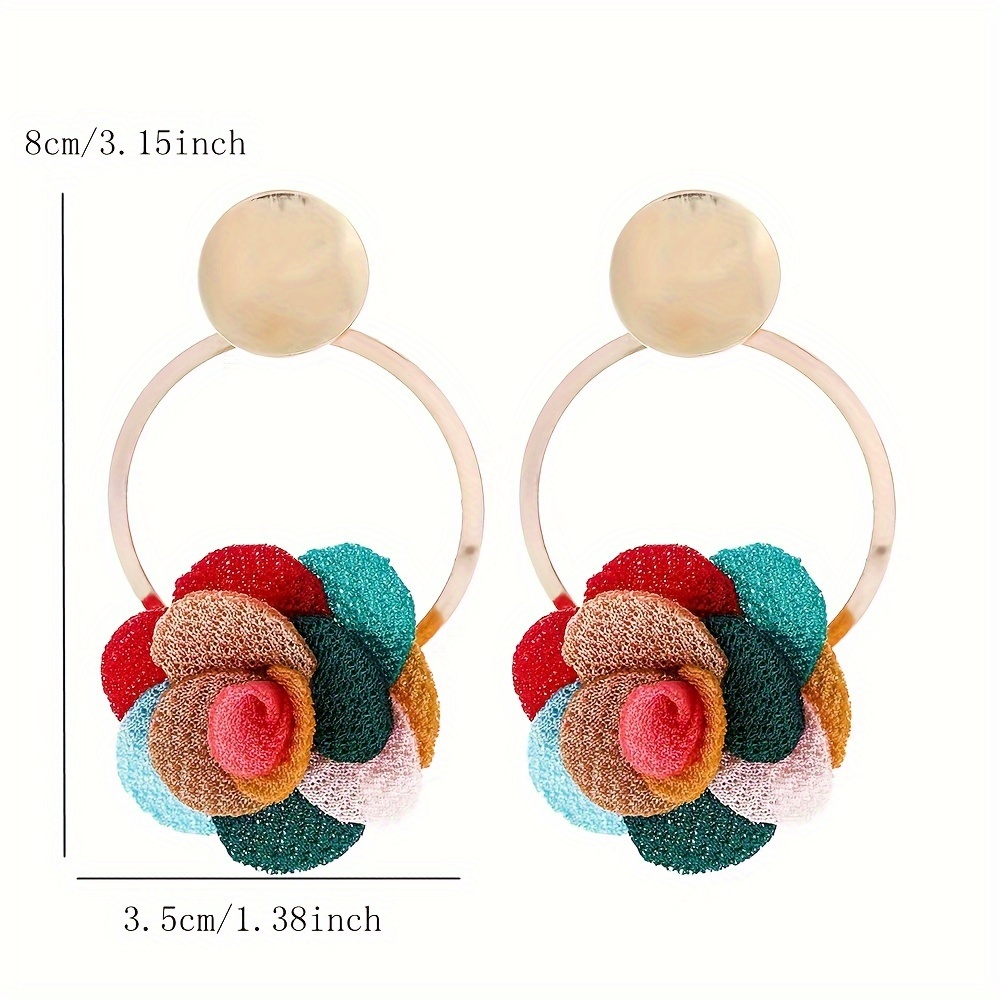 Elegant Boho-Chic Handcrafted Fabric Flower Dangle Earrings - Mixed Colors, Iron Crafted for Everyday & Wedding Wear