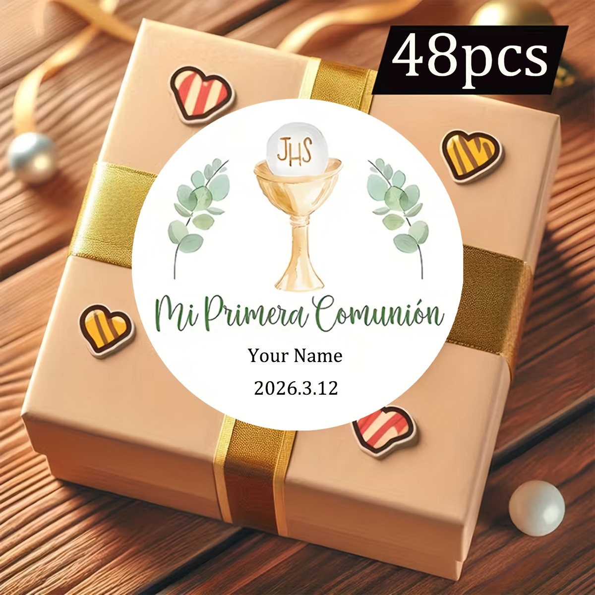 TEMU 48/96 pegatinas personalizadas, etiquetas redondas con diseño "Mi Primera Comunión", con patrones de , eucalipto y texto en español. Adecuadas