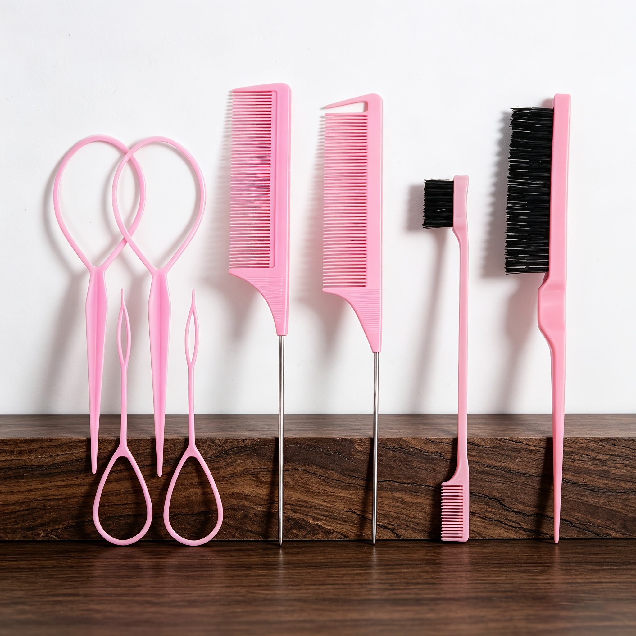 TEMU 8pcs Professional Hair Styling Comb Set With Torn Comb, Pointed Tail Comb, Edge Brush & Weaving Tools - Suitable For Male & Female Hairstyles,