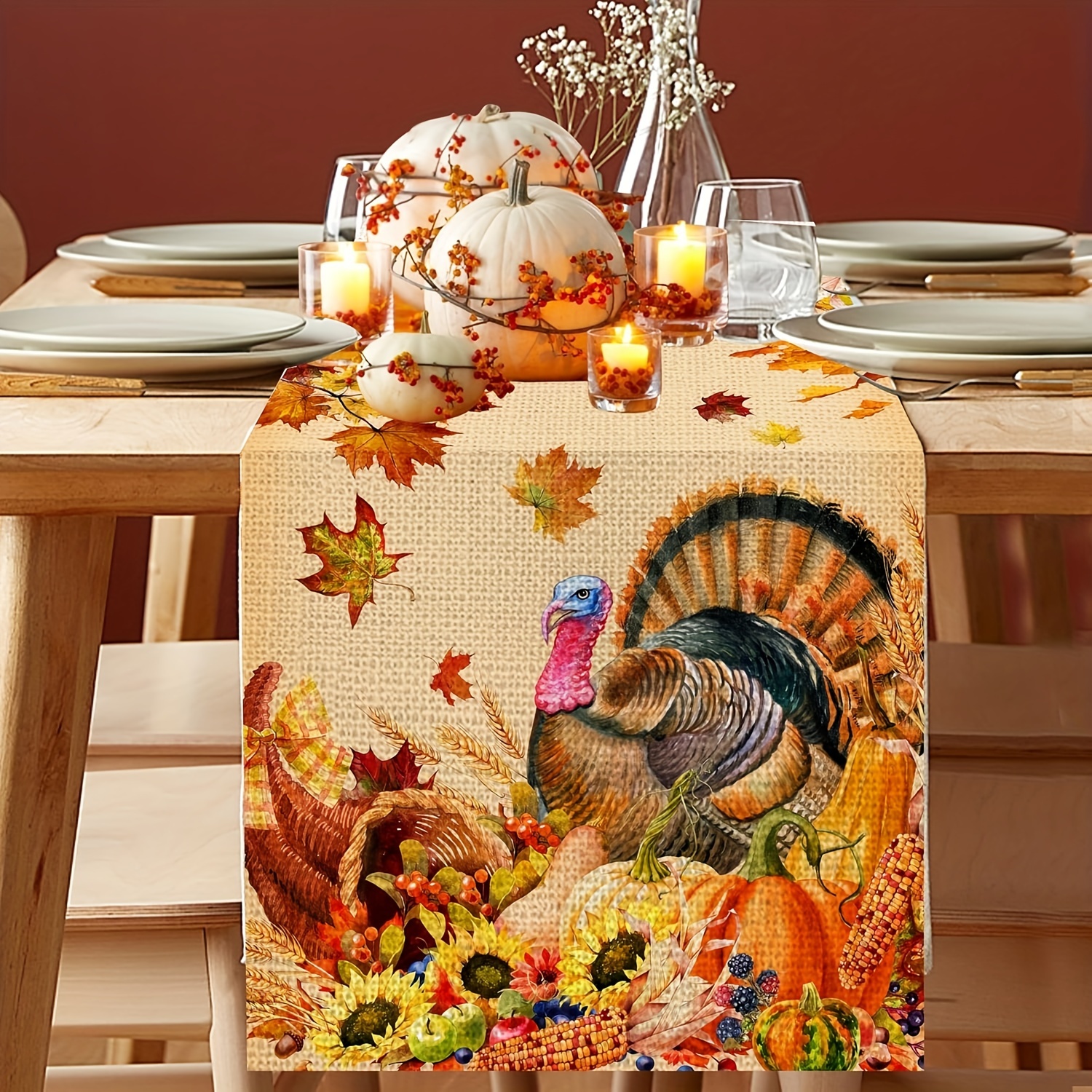 

Thanksgiving Turkey And Pumpkin Table Runner - Polyester Fabric, Machine-made Weave, Versatile Fit For Indoor And Outdoor Family Parties And Holiday Kitchen Dining Decor - Pack Of 1