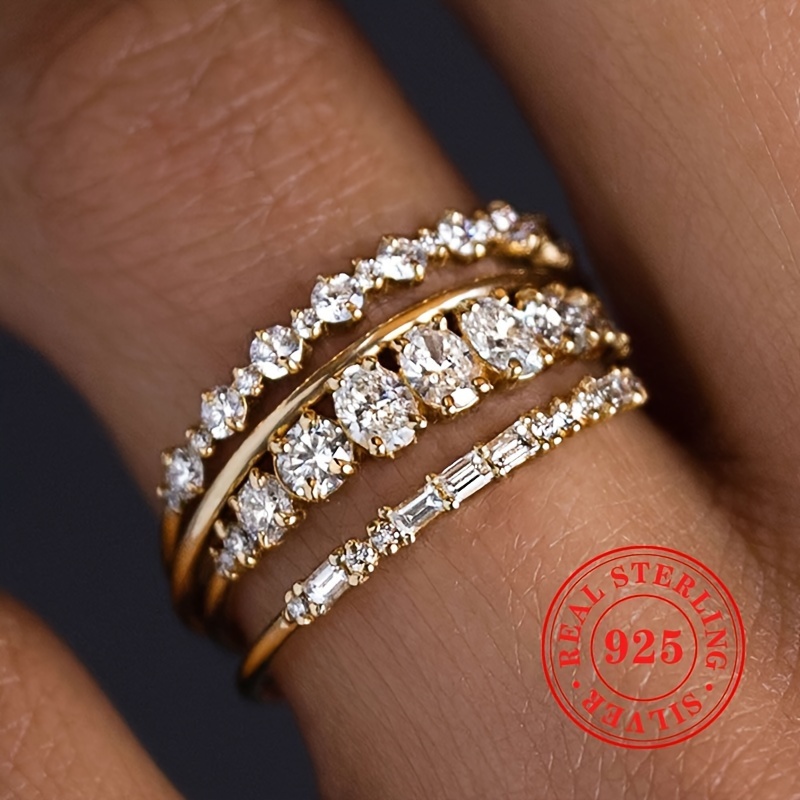 TEMU S925 Sterling Silver Moissanite Fine Ring 4pcs Set Women's Stackable Ring Fashion Jewelry