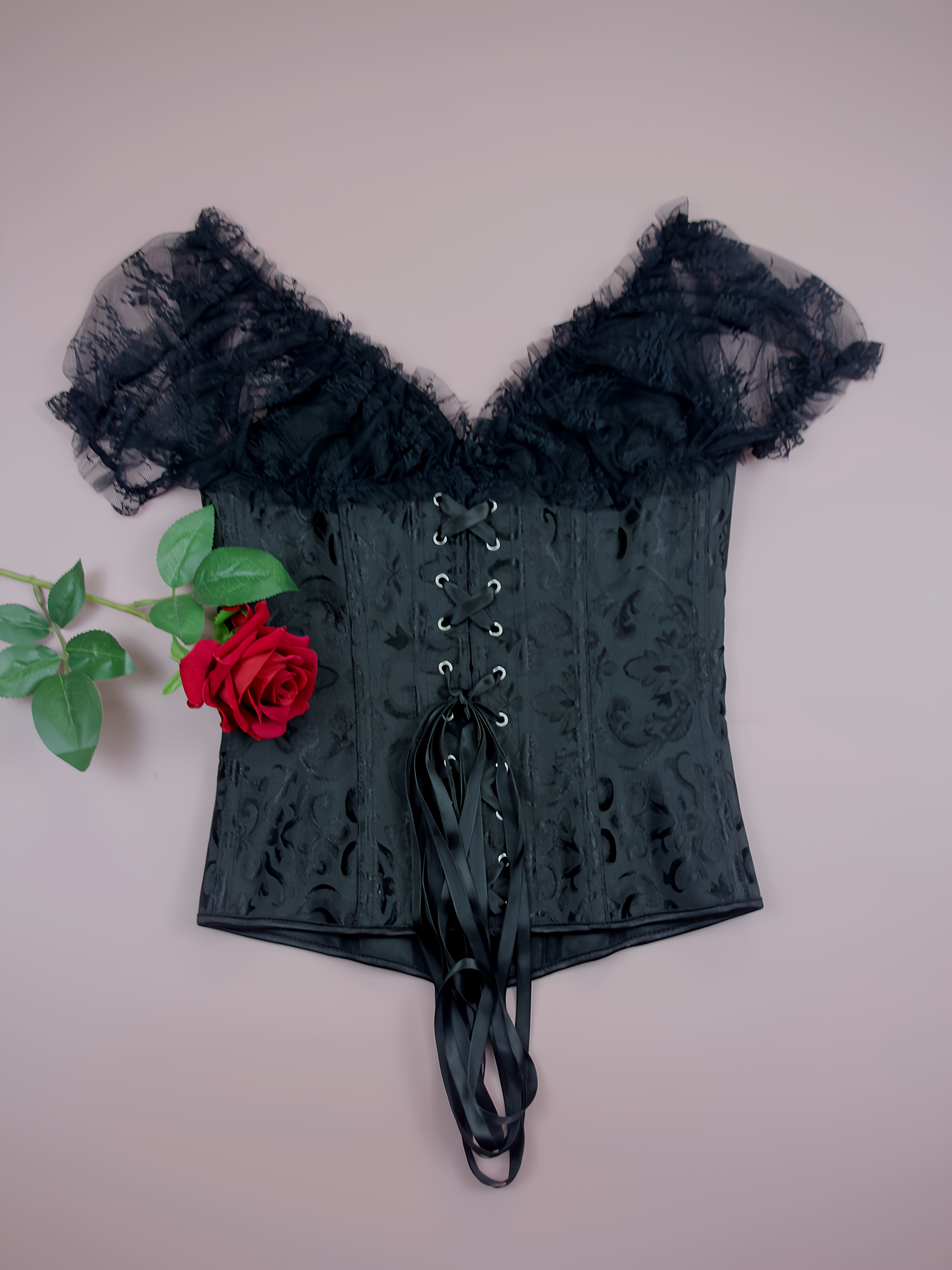 Gothic Style Black Lace Corset Top with Red Hair - Women'S V-Neck Bodycon Dress, Floral Pattern, Non-Stretch Fabric, X-Back Design, Perfect for Adult Costume Parties & Themed Events, Themed Event Attire | Gothic Fashion | Intricate Lace Detailing