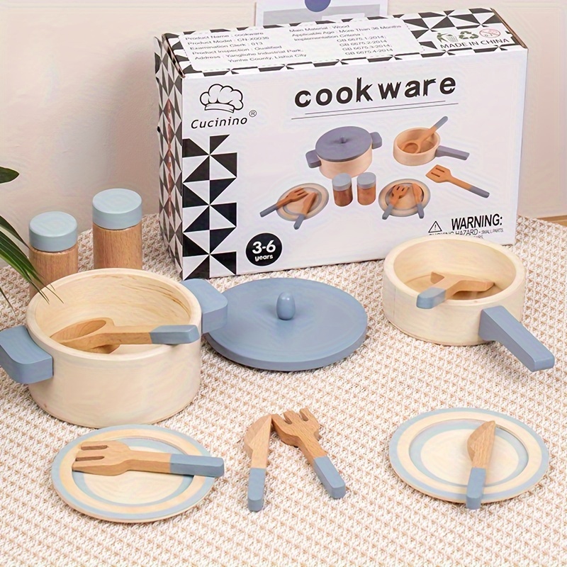 

Wooden Kids Play Kitchen Set, Blue Cookware Toy Set, Interactive Cooking And Serving Utensils, Educational Pretend Play For Nursery, 3.6 Inches