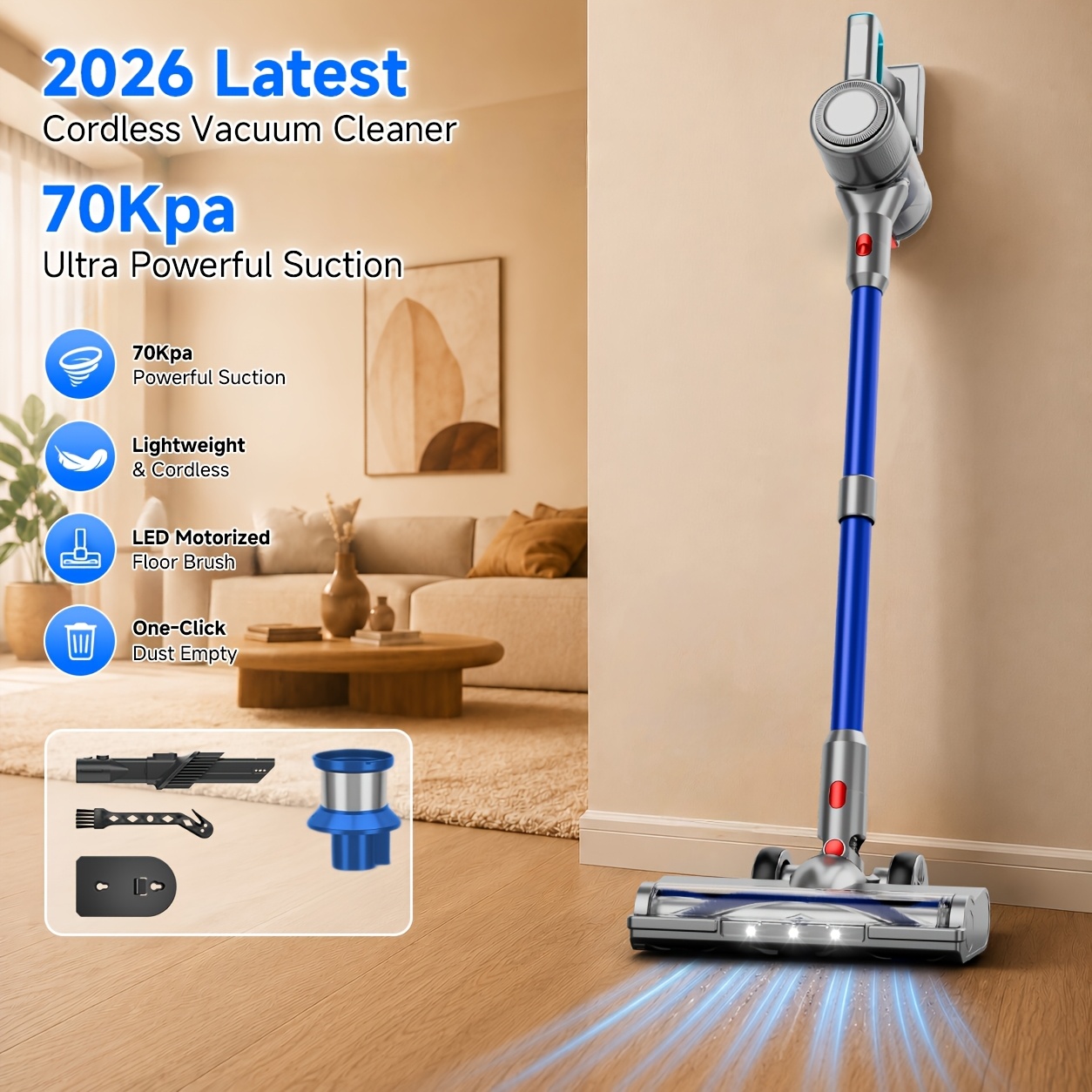 2026 Upgraded Cordless Vacuum Cleaner, 70kpa High Suction, Multi-, Hepa Filtration, Anti- Brush, Low-noise Motor, Long-lasting Battery, Lightweight, Hard Floors, Carpets, Pet Hair, Curtains, Cars