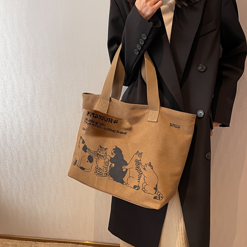 

Sac fourre-tout en toile pour femmes, sac à main à bandoulière tendance, grande , avec fermeture à glissière, accessoire poignet, design imprimé chat, pour les achats et les , lavable à