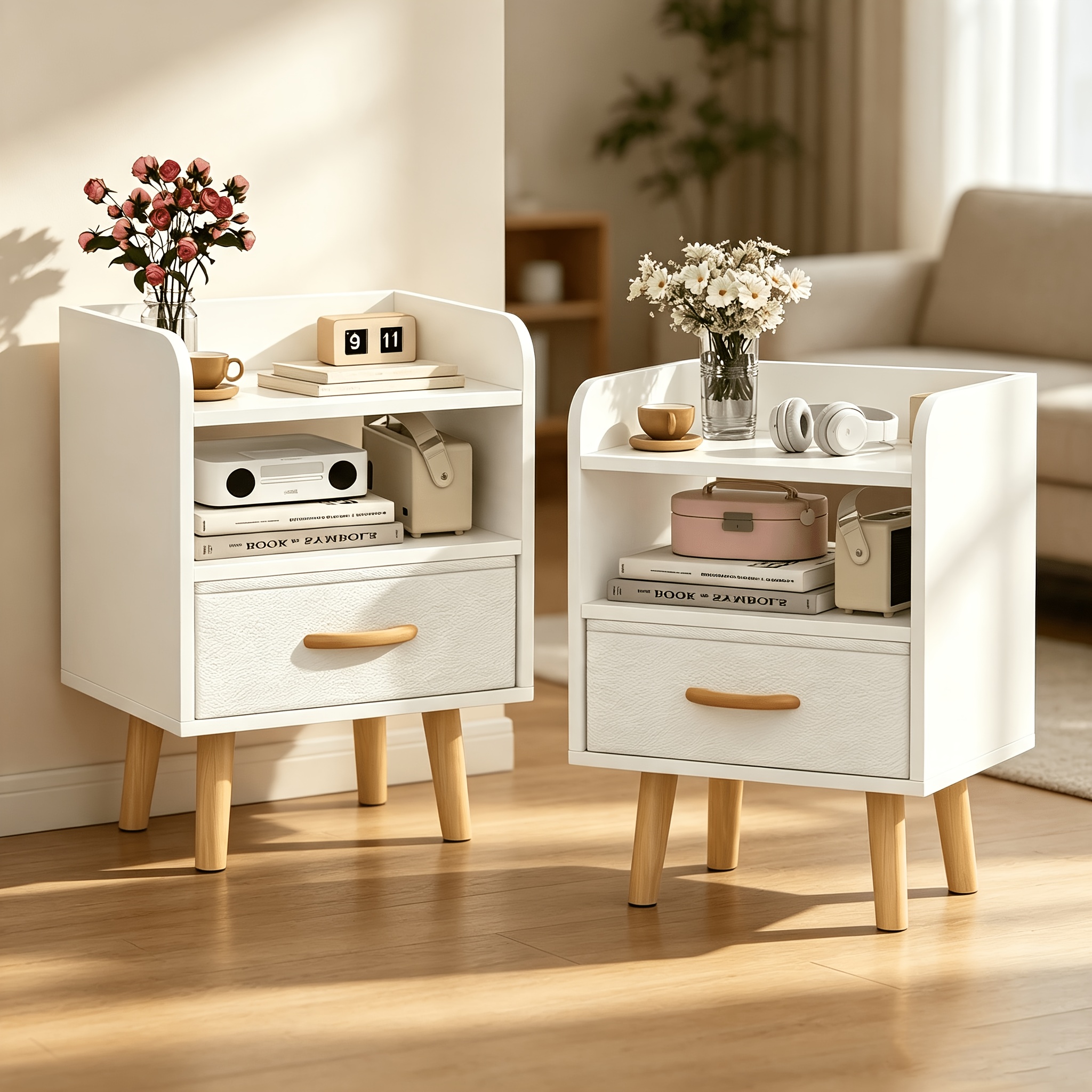 2 Bedside Tables Measuring 40x30x61cm Each, With 1 Fabric Drawer, 2 Storage Layers, Leather Drawer, Small Sofa Side Table, Small Coffee Table, In White.