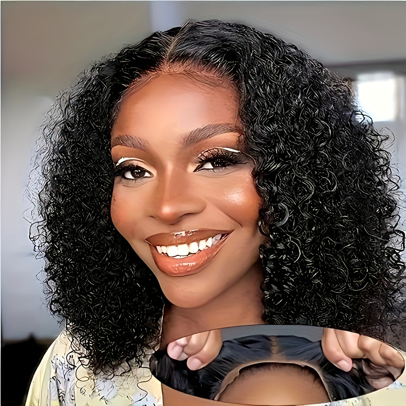Image of Glueless Bob Wigs Human Hair 4x4 Pre Cut Lace Front Short Curly Bob Wigs Human Hair Glueless Wig Human Hair For Women Natural Black