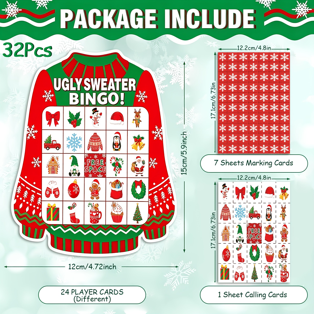 TEMU 32pcs Christmas Game Bingo Cards, Suitable For 24 Players, Sweater-themed Cards For Christmas Games, Christmas Party Drinking Games, Family
