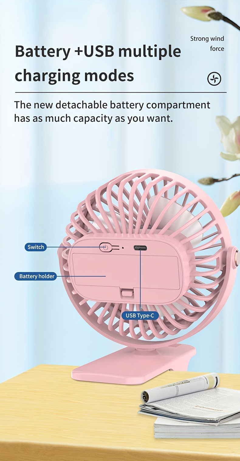 портативный вентилятор с клипсой, вращающийся на 360 градусов, высокой скорости для персонального использования на столе, с аккумулятором на 800 мАч и возможностью зарядки через USB для использования в общежитии или спальне. Подробности о циркуляции: 13.