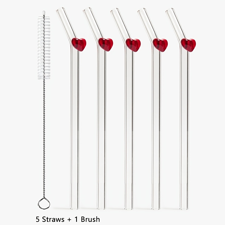 TEMU 5pcs Sweet Heart Shaped Glass Straws With Cleaning Brush, High Borosilicate Heat Resistant, Cute Transparent Bent Straws For Smoothies Tea