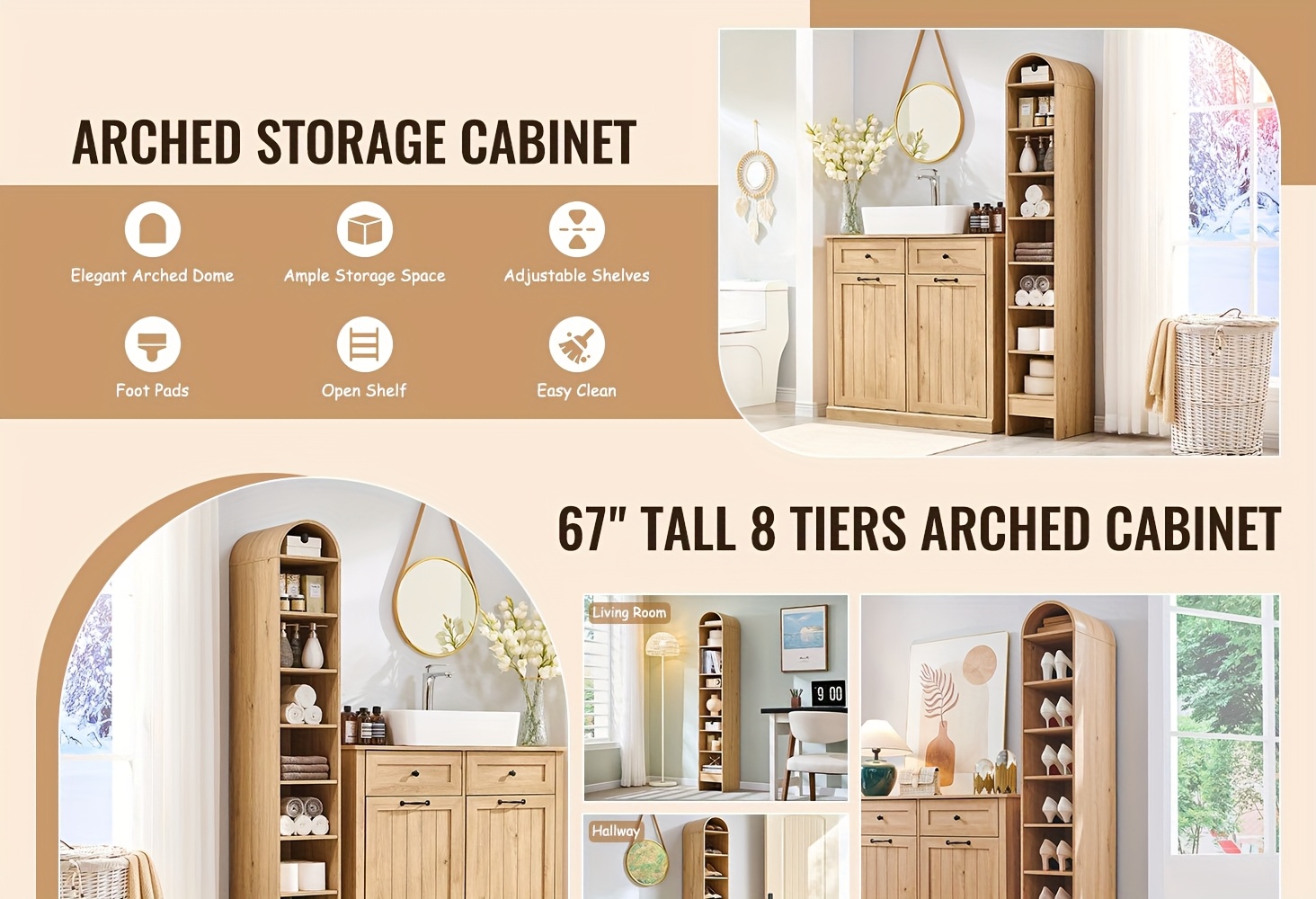 Wooden 67" Tall Arched Bathroom Storage Cabinet - Freestanding Linen Tower with Adjustable Shelves 10 Wooden Tall Arched Storage Cabinet