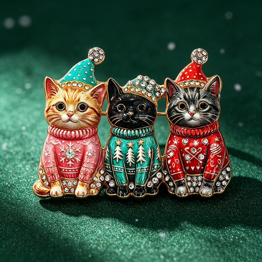 TEMU Broche Strass Chaton avec Bonnet de Noël Tricoté, Épingle Chat de Neige Bleu, Convient pour Costumes, Pulls, Manteaux, Cadeau de Noël pour des