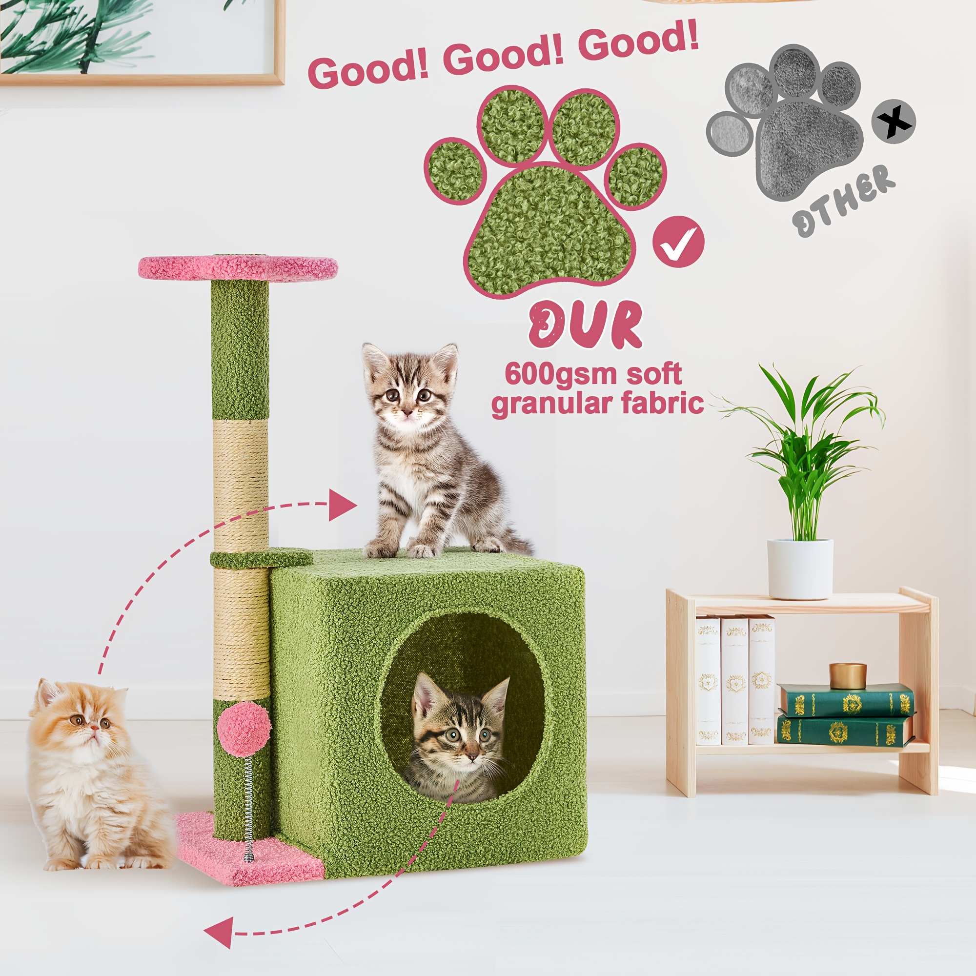 

Tscomon 24" Floral Cat Tree House For Kittens - Cozy Green Condo With Ball, Soft Scratching Post & Wood Fiberboard - Ideal For Indoor Cats