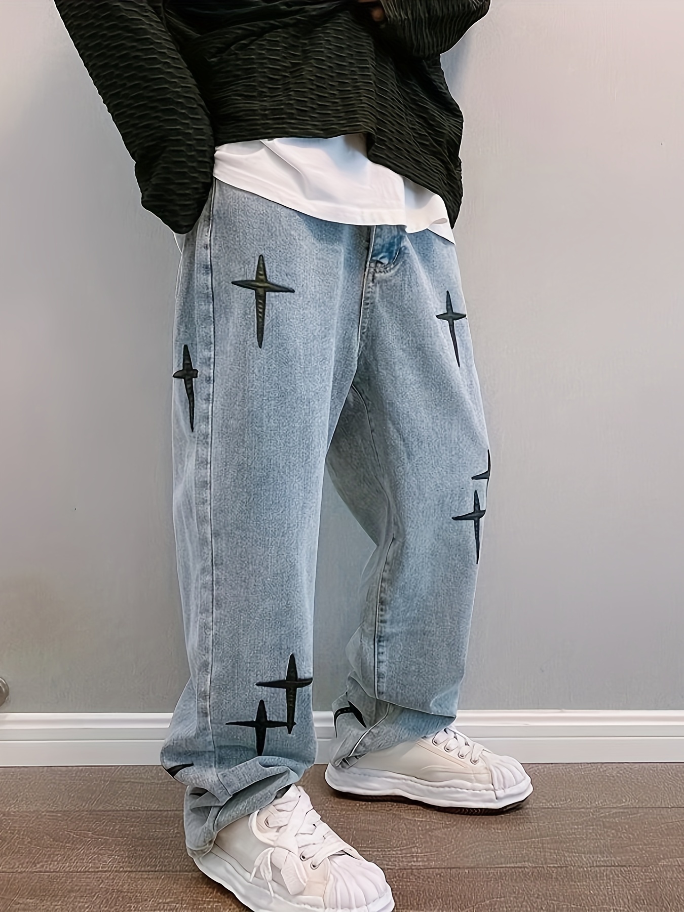 new mens star embroidery jeans baggy straight fashion wide - Temu