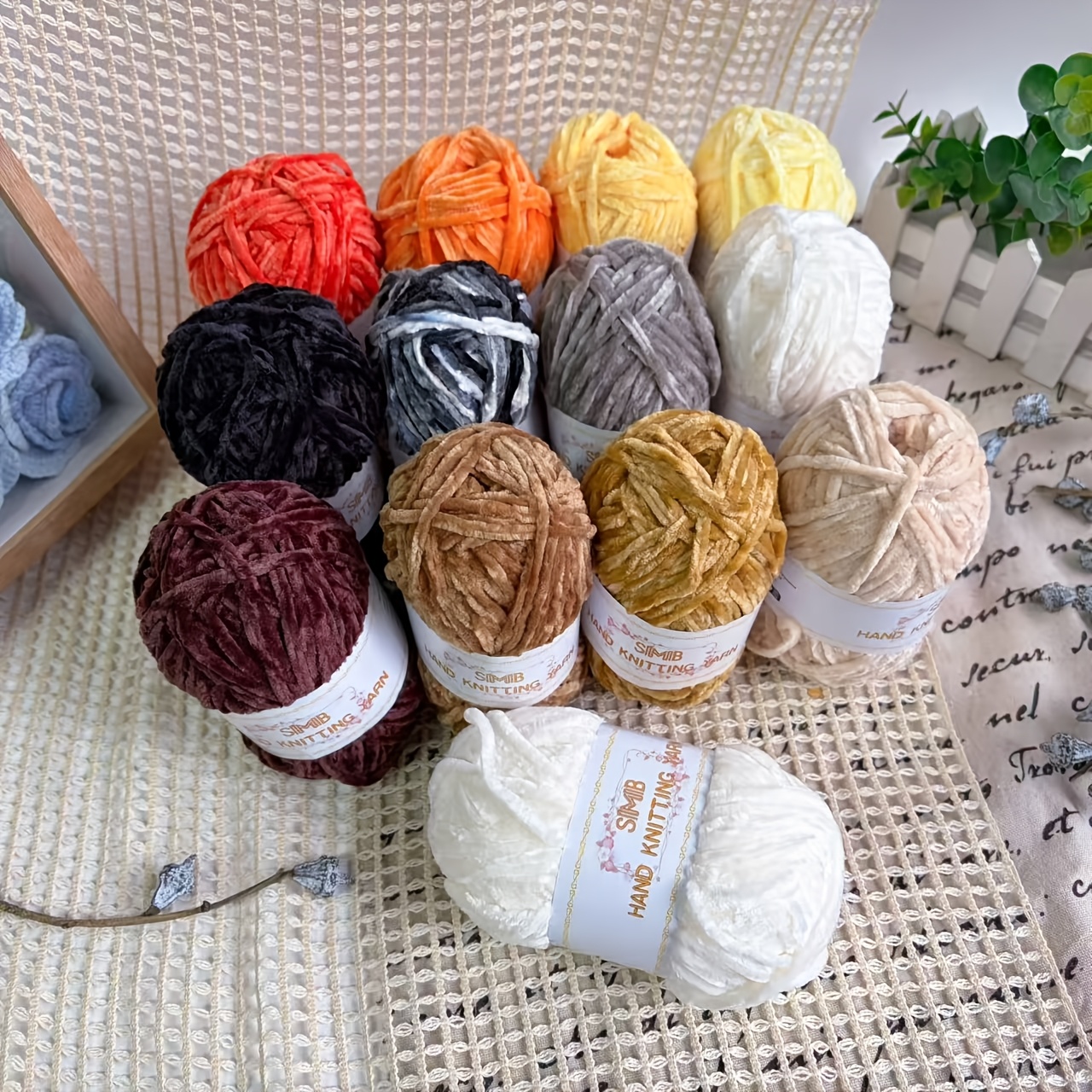 13 Skeins Hand-Knitted Medium-Weight Chenille Yarn Bundle