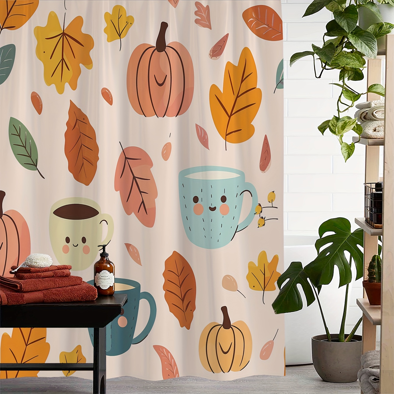 

Vintage Pumpkin And Autumn Leaves Print Waterproof Shower Curtain With 12 Hooks, Machine Washable, Polyester Woven Bath Curtain For All Seasons - Artistic Theme, Unlined