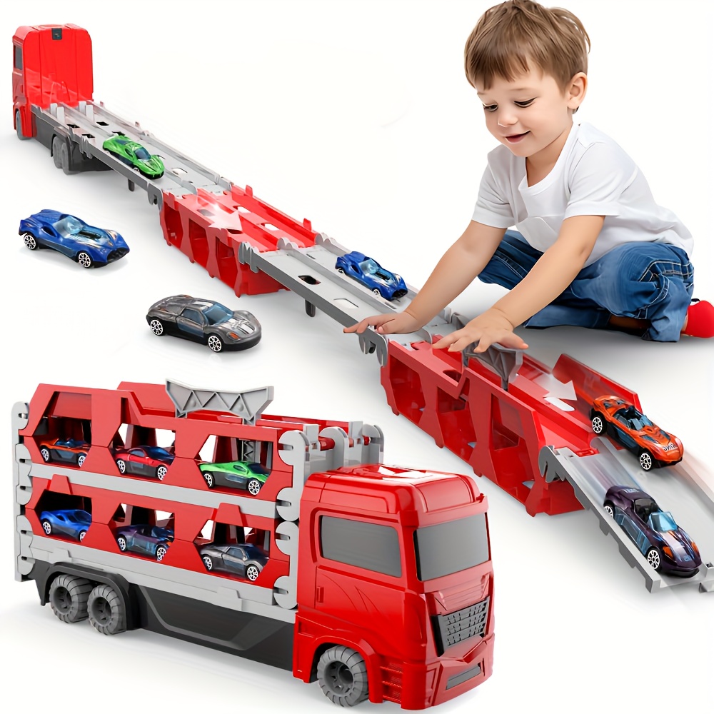 61 inch dual race track transport truck toy set with     metal cars and foldable storage carrier for   red manual   ideal gift for boys and girls ages 3 6  