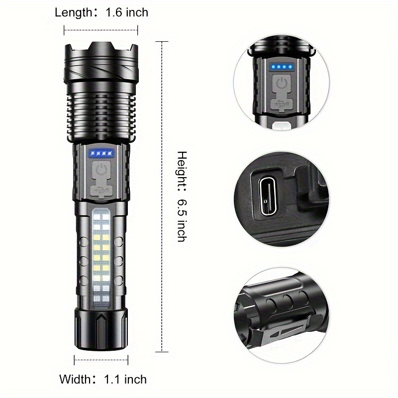 

Flashlights High Lumens Rechargeable Led Tactical Flashlight Battery Powered With 7 Light Modes, Cob Side Light, Usb C, Waterproof, Zoomable, Powerful Handheld Flash Lights
