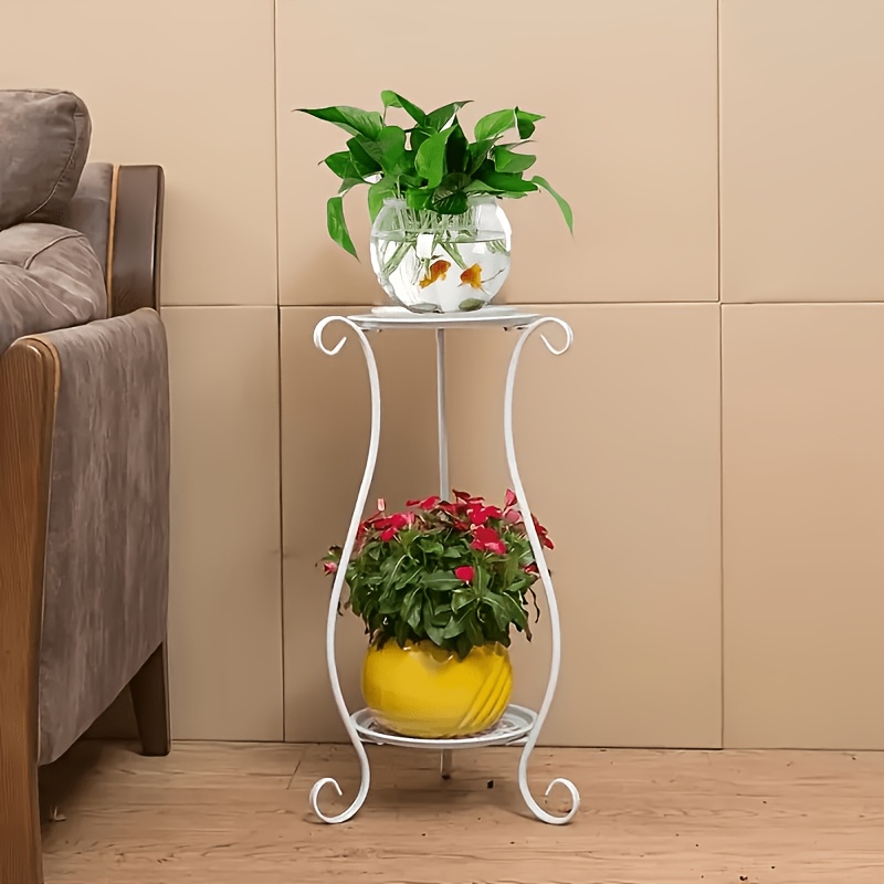 Double-layer Metal Plant Stand, Lightweight And Durable In White & Black - Sturdy Curved Design For Indoor/outdoor Use; Perfect Display Rack For Potted Plants Or Decorative Items – Modern Décor