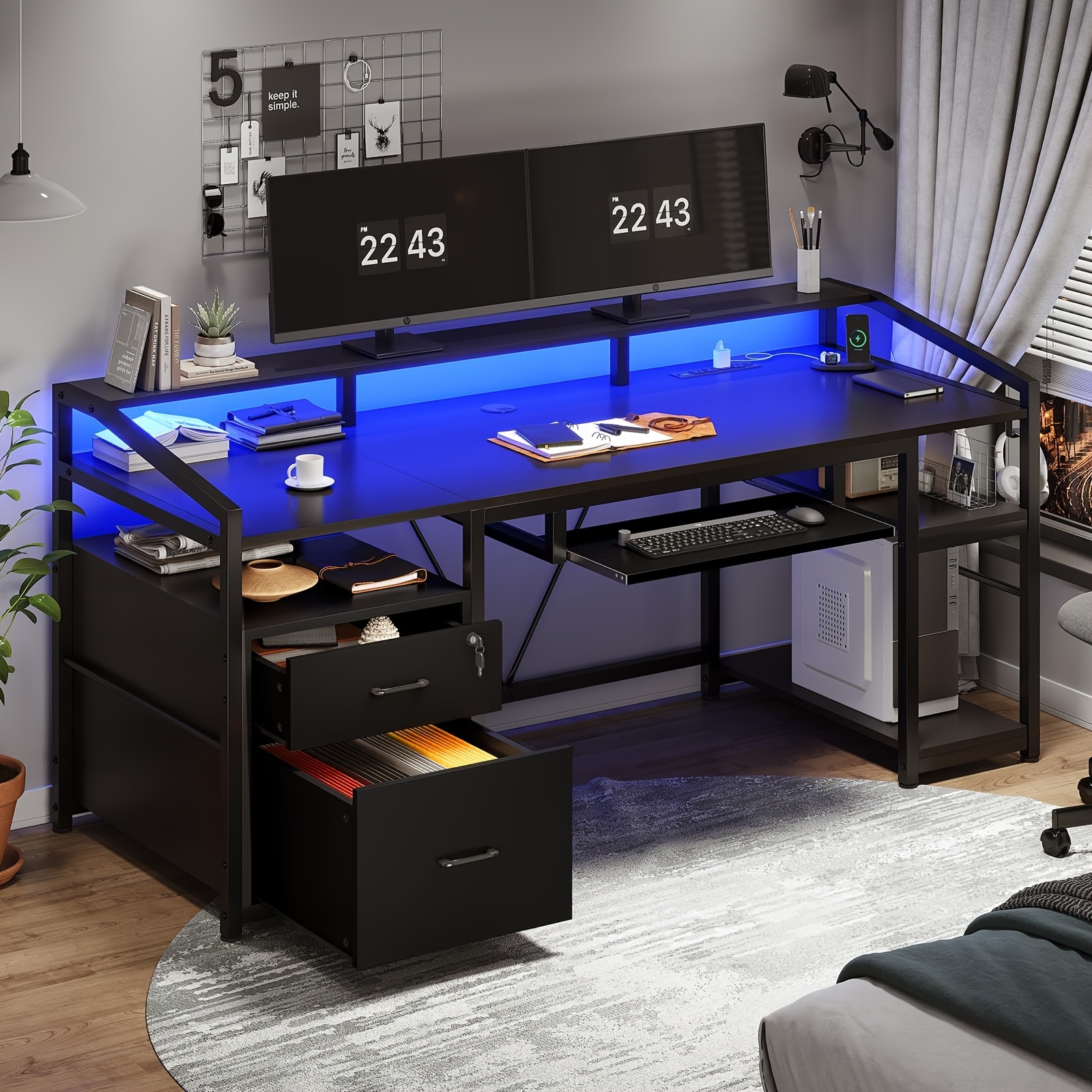 

63" Computer Desk, Office Desk With Lockable Drawers For Legal/letter File, Gaming Desk With Led Lights & Power Outlet, Home Office Desks With Storage