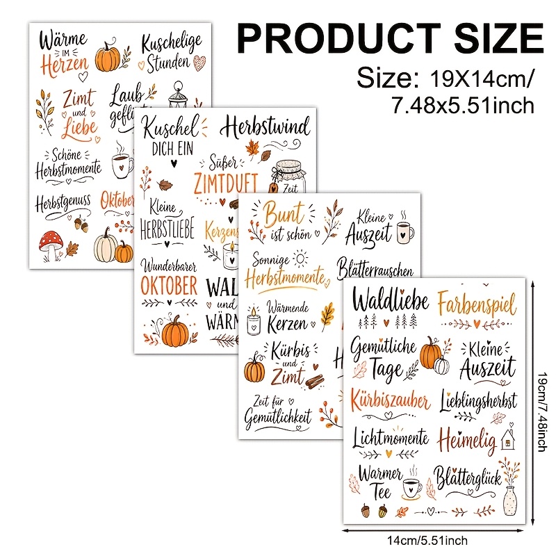 TEMU 4er-Set Deutsche Herbst Kürbis Herbstblätter Kurze Sätze Vinyl UV DTF Transferpapier (Tassen Nicht Enthalten, Transferpapier Verkauft) Geeignet
