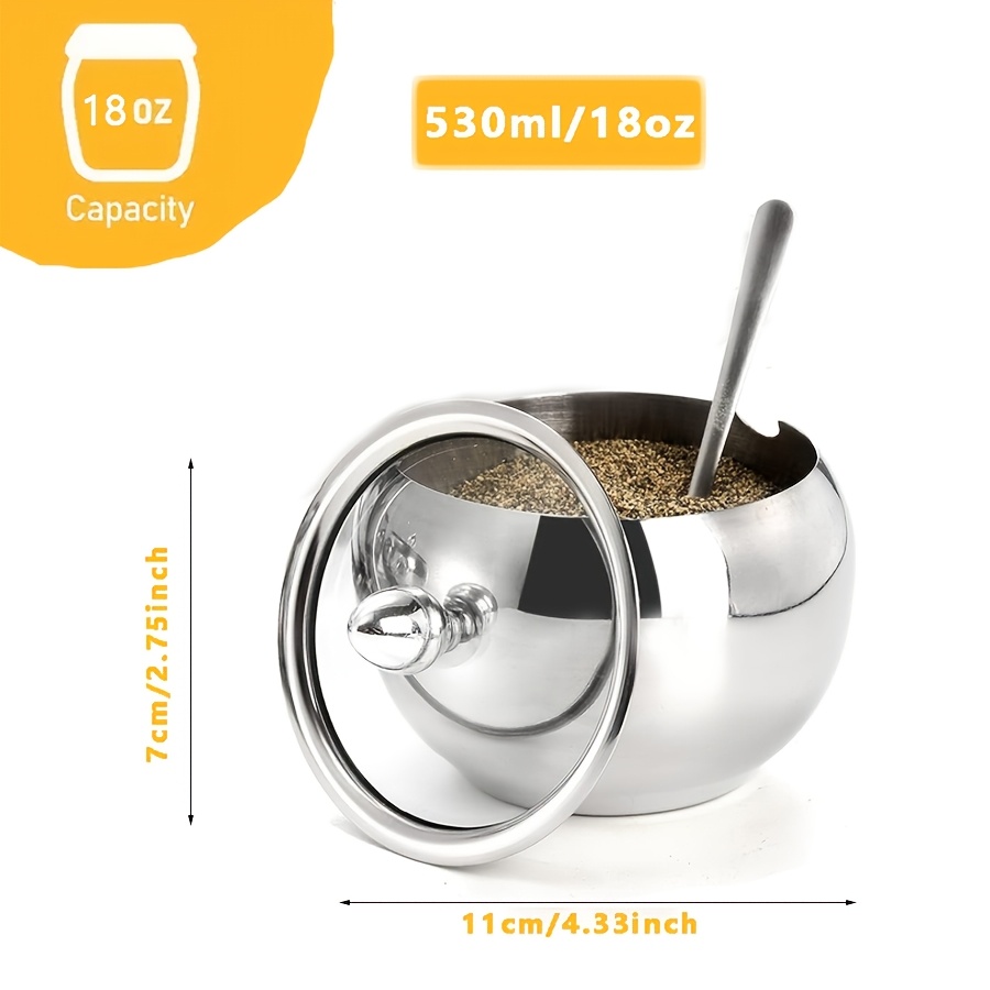 TEMU 1 ciotola da zucchero in acciaio inossidabile da 300 ml (10 Oz) con in vetro e cucchiaio - Adatta per bar e e come contenitore