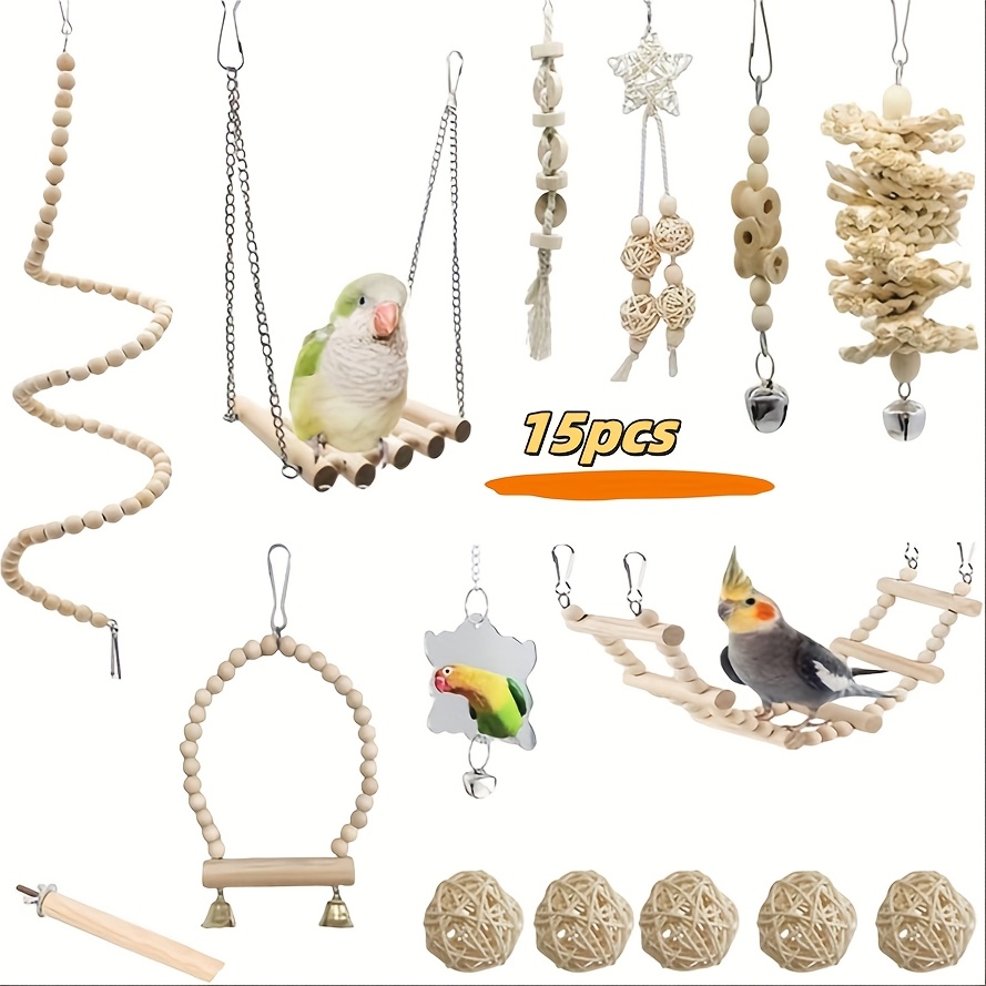 

8/15/18pcs Bird Toy Set Made Of Solid Wood, Suitable For Budgerigars, , And , Includes Chew Toys, Bells, Swings, Climbing Ladders, And .