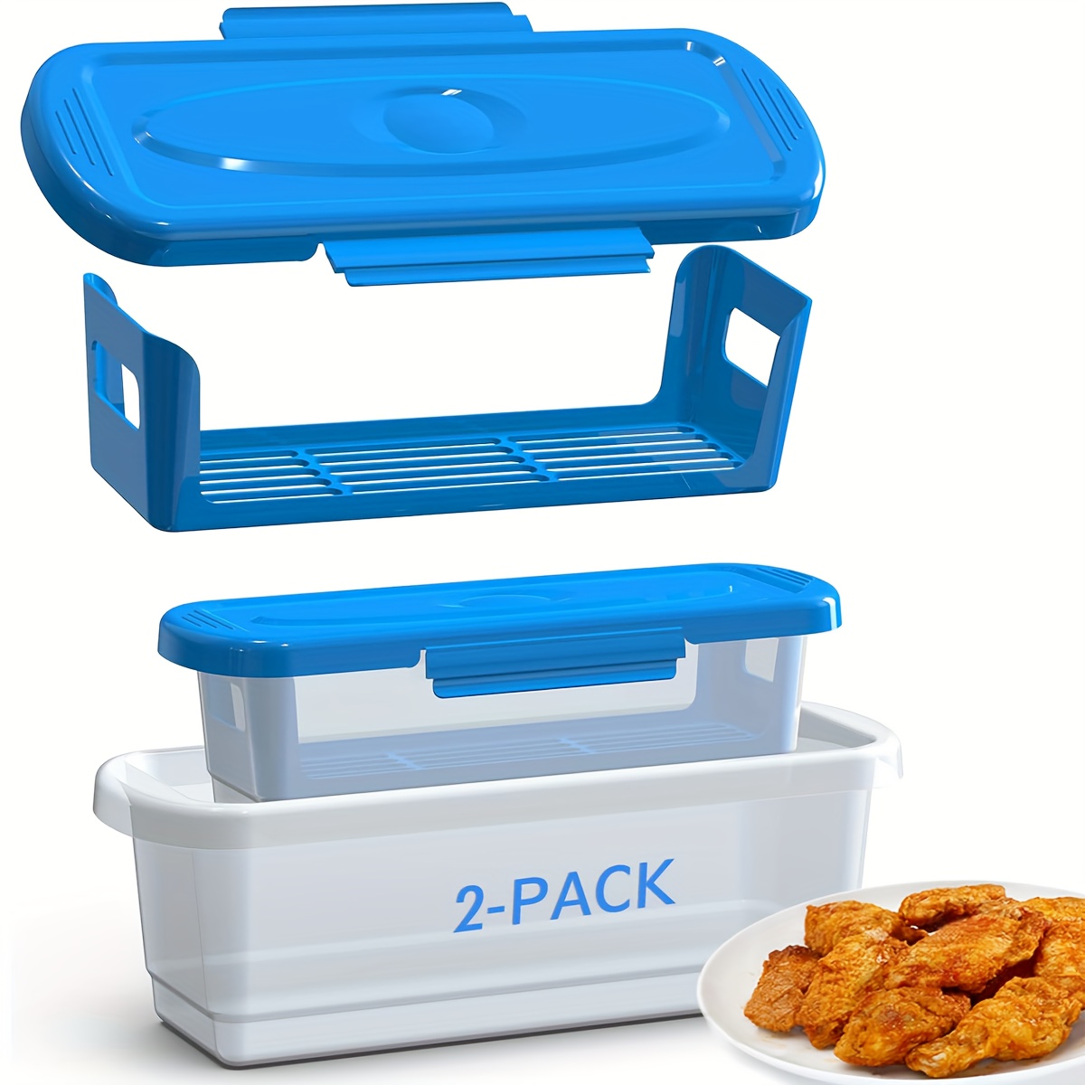 TEMU Batter Shaker Bowl With Lid 1 (large) With 1 (small) Mess- Flour Flavoring Jar With Bread Tray, Suitable For Fried Chicken, Fried Fish, , Etc., Blue