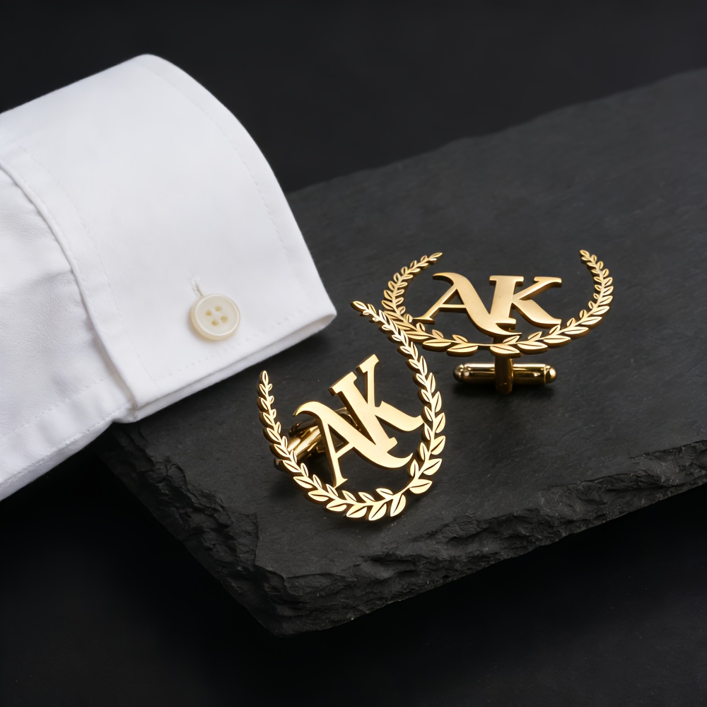 TEMU Personalized Initial Letter Cufflinks Suitable For Wedding, Groom & Groomsmen Gifts - Custom Wreath & Lettered Stainless Steel Blanks For Suits,