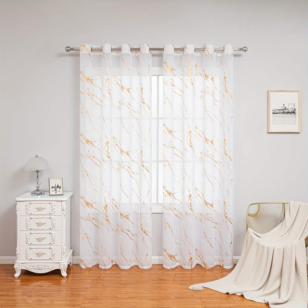 2pcs Gold-foiled Marble Pierced Sheer Curtains, Suitable For Living Room Dining Room Bedroom Window Decoration