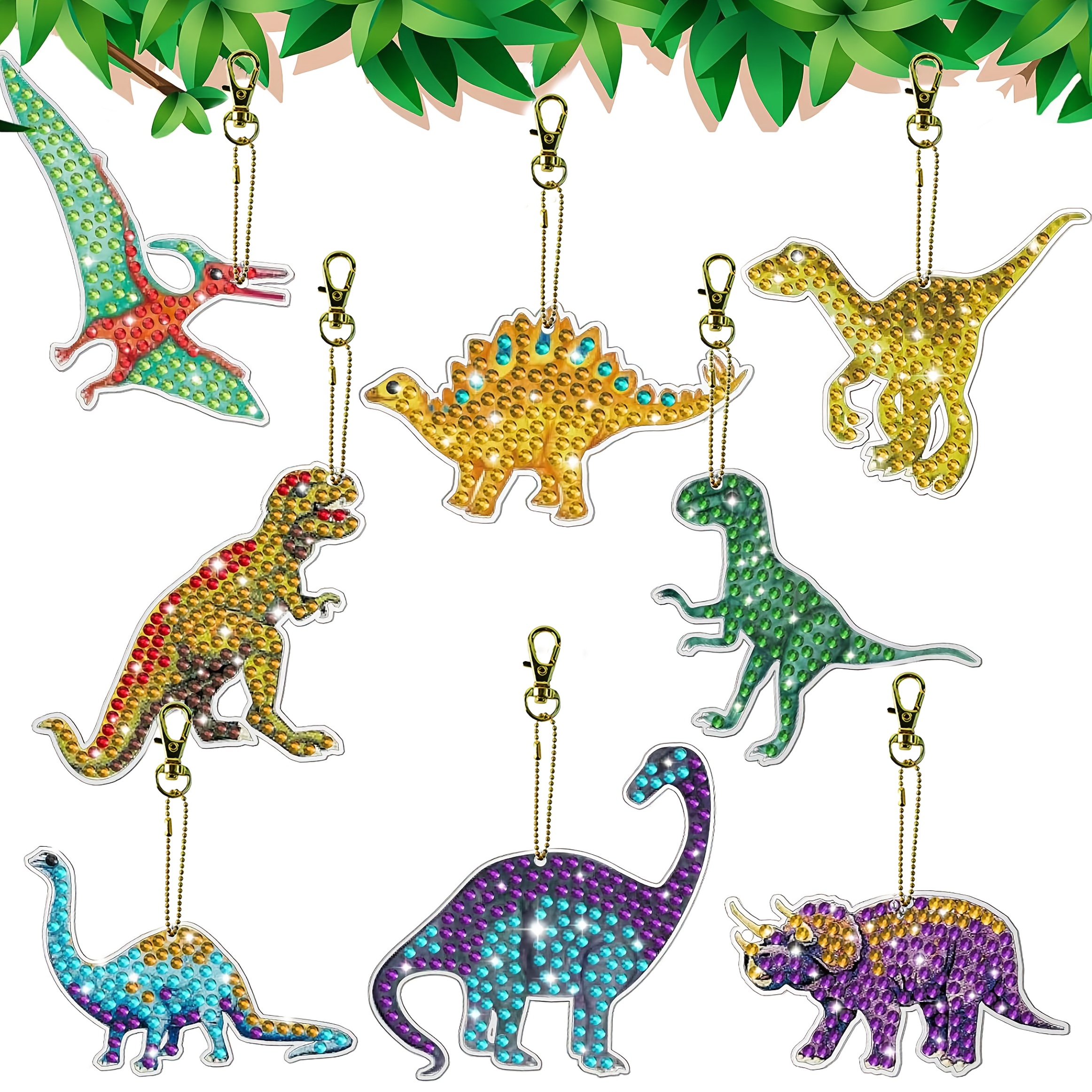Image of 8pcs Dinosaur Diy Diamond Painting Keychain Kit - Vibrant Double-sided Handmade Pendants, Perfect For Home Decor, Party Favors, And Backpack Accessories, Kit