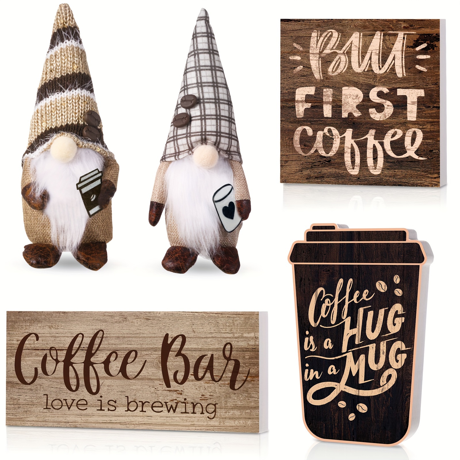 

5 Pcs Coffee Tiered Tray Decor Set, Include 2 Pcs Rustic Coffee Gnomes And 3 Pcs Farmhouse Coffee Bar Tiered Tray Wood Signs For Coffee Bar Decorations