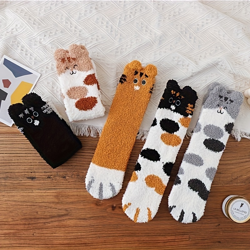 awesome 5 Pairs Women'S Slippers Socks | Coral Fleece Knee-length Socks with Cartoon Cat Paw Design, Plush and Fluffy for Winter 5 awesome 5 Pairs Women'S Slippers Socks | Coral Fleece Knee-length Socks with Cartoon Cat Paw Design, Plush and Fluffy for Winter - Image 5