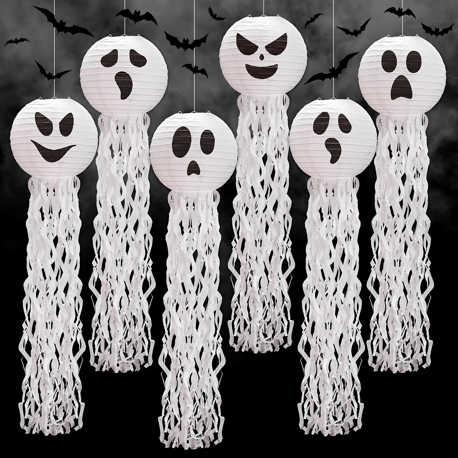 TEMU 6pcs Hanging Ornaments Halloween Paper Lanterns White Funny Lanterns With Spooky Hanging Decorations For Holiday Classroom Birthday Indoor