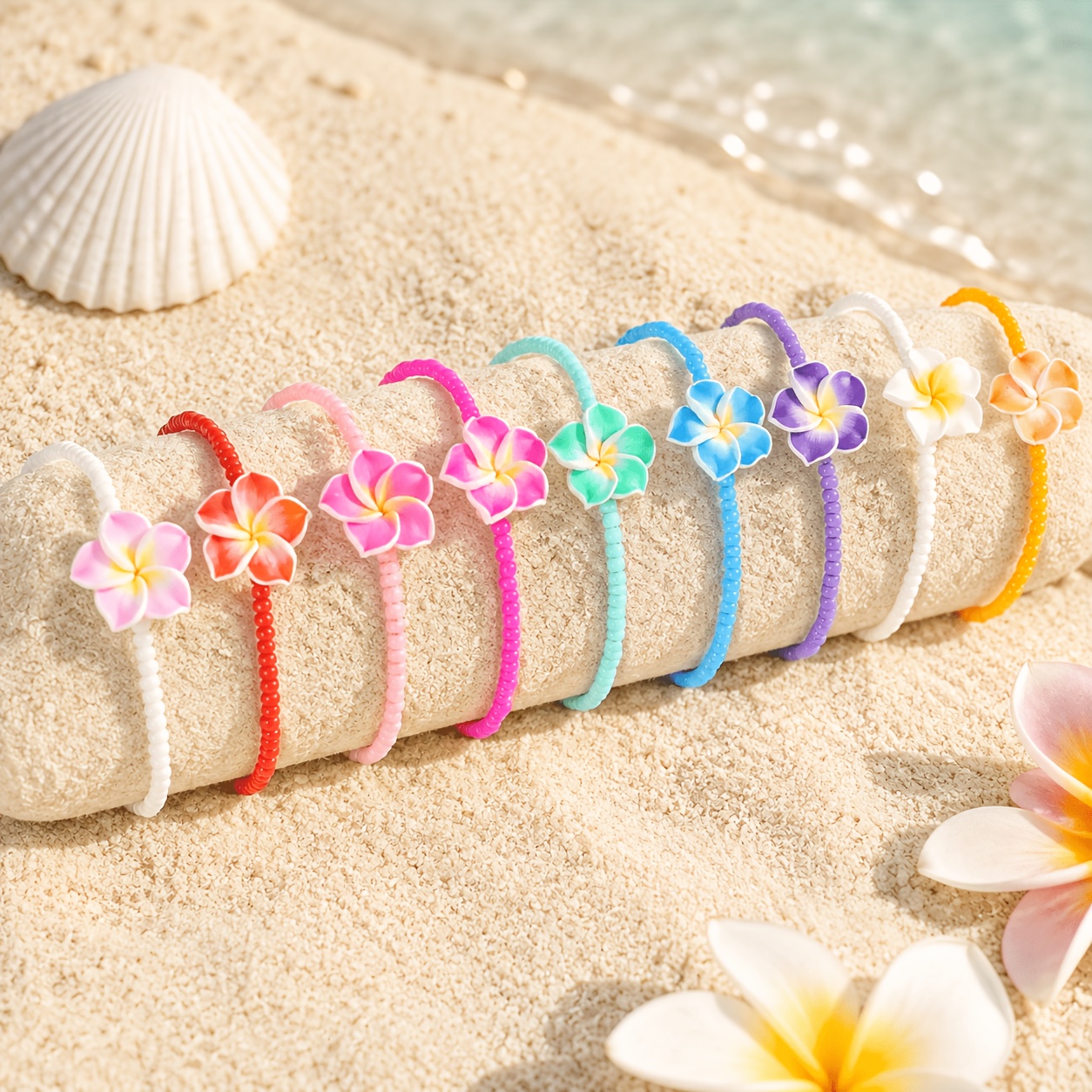 Image of 9pcs Teen Summer Beach Style Layered Anklets Hawaiian Flower Polymer Clay Beads Anklets Daily Seaside Vacation Outfit Gift