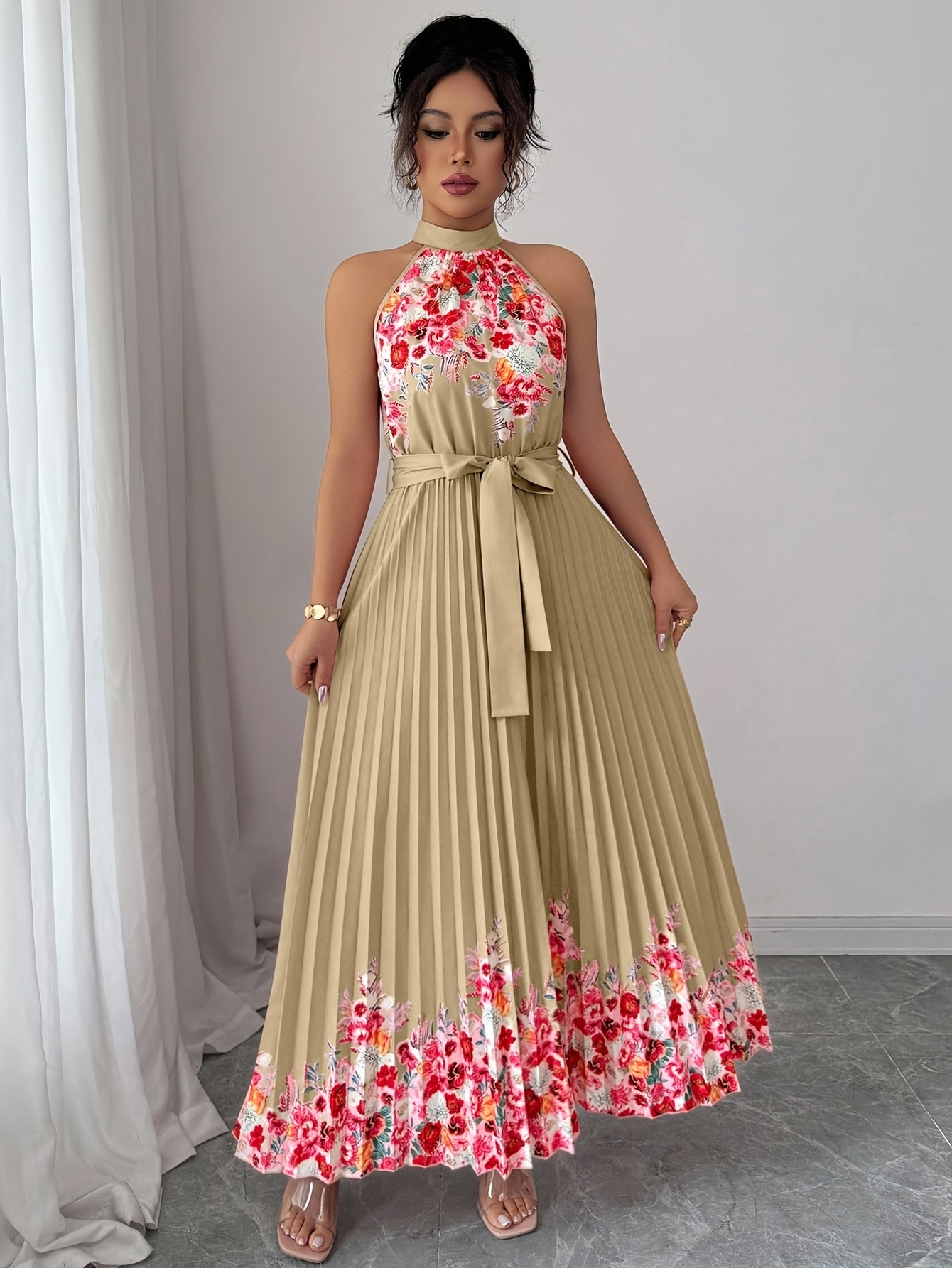 Fashionable New Women'S Summer Halter Floral Print Pleated Dress