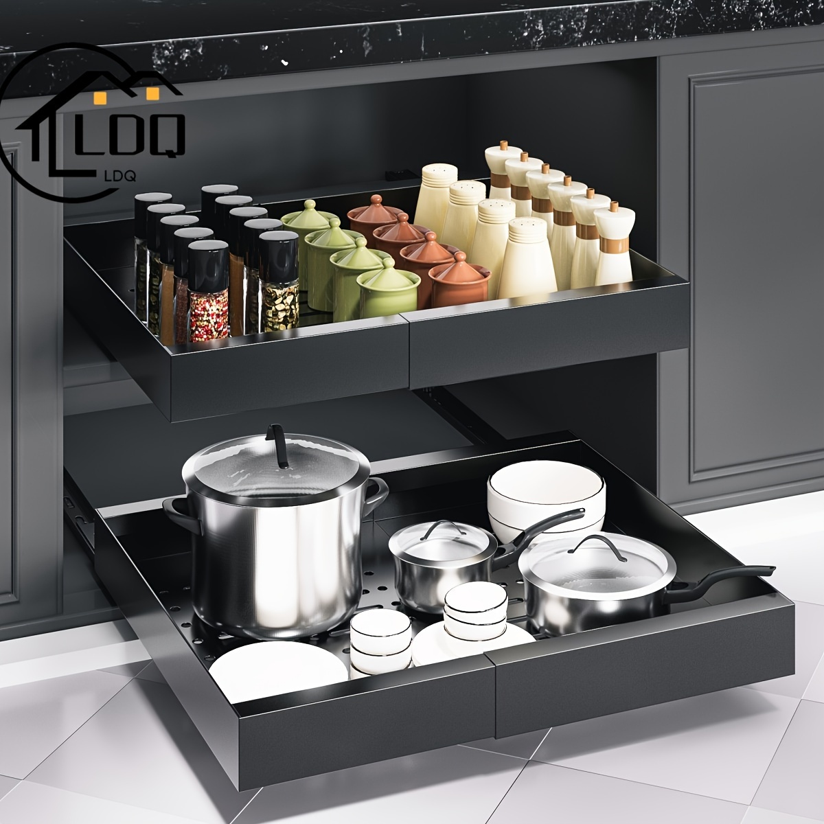 

Ldq 1pc Pull Out Cabinet Organizer, Uncharged Carbon Steel Kitchen Drawer System, Expandable Under Cabinet Pots & Pans Storage, Easy Access Space Saver, Black