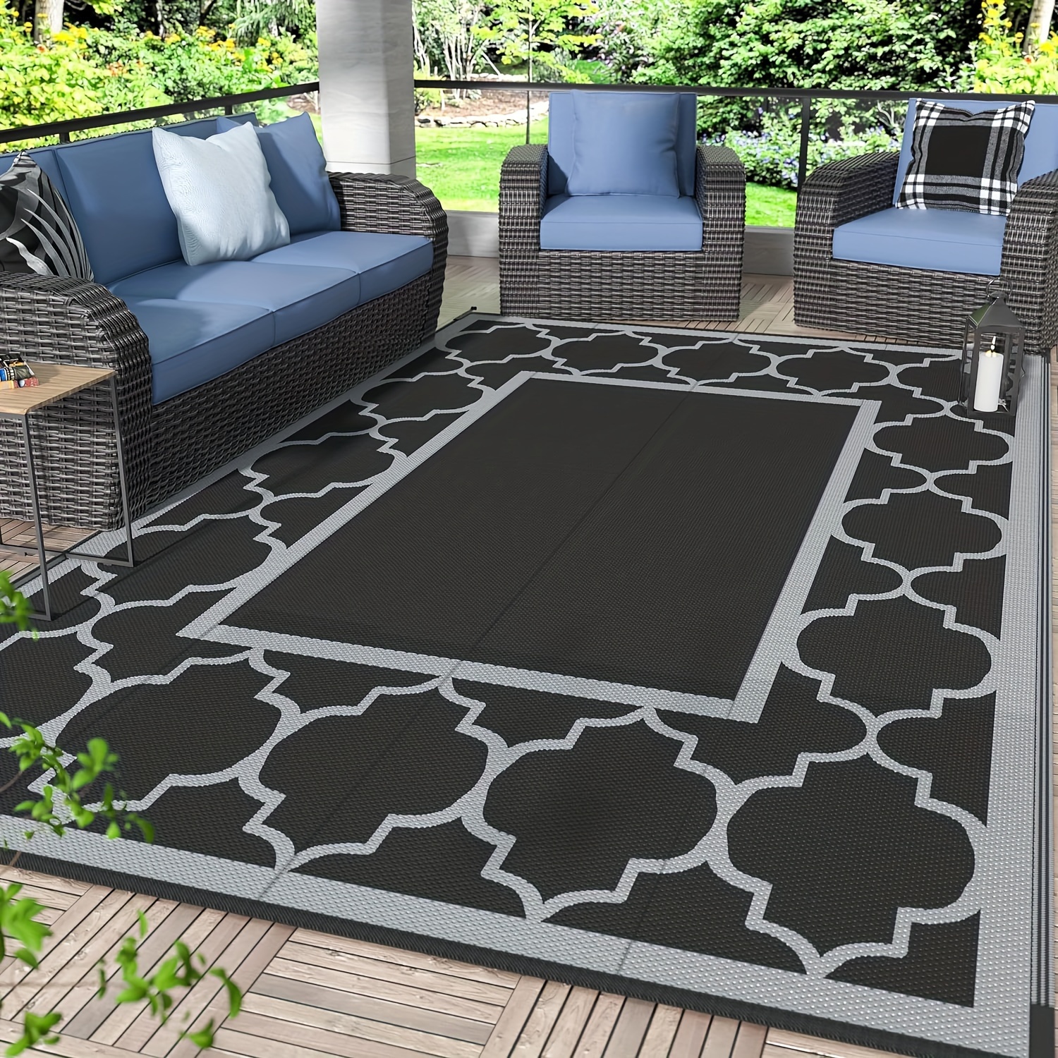 

Outdoor Rug For Patio Clearance, Waterproof Large Mat, Reversible Plastic Camping Rugs Porch, Deck, Camper, Balcony, Backyard, Black & White