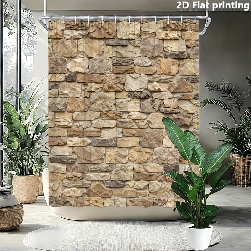 TEMU 1pc Stone Wall Pattern Shower Curtain, Machine Washable, With 12pcs Hooks, For Home, Hotel