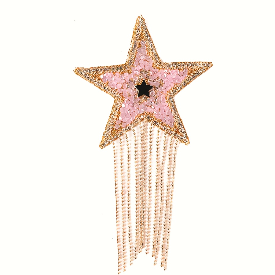 Image of 1pc Pentagram Badges With Rhinestones & Tassel Chains For Hot Iron Decoration, Suitable For Diy Weddings, Parties, Birthdays, And Holiday Occasions With Stickers And Labels