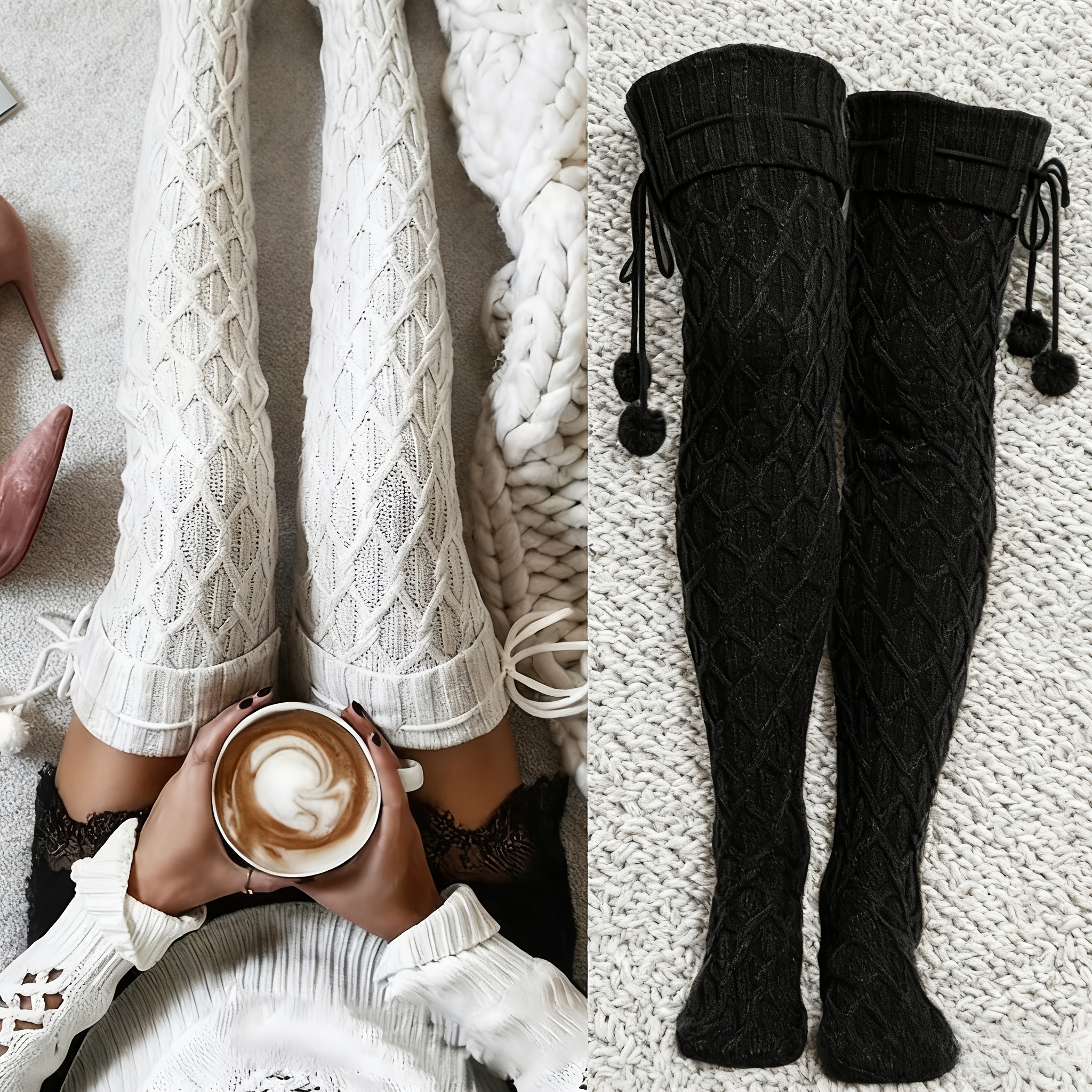 TEMU Of Knitted Over-the-knee Socks, White Socks, Women's Autumn And Winter Calf Socks, Warm Pile Socks, Hot Long Stockings