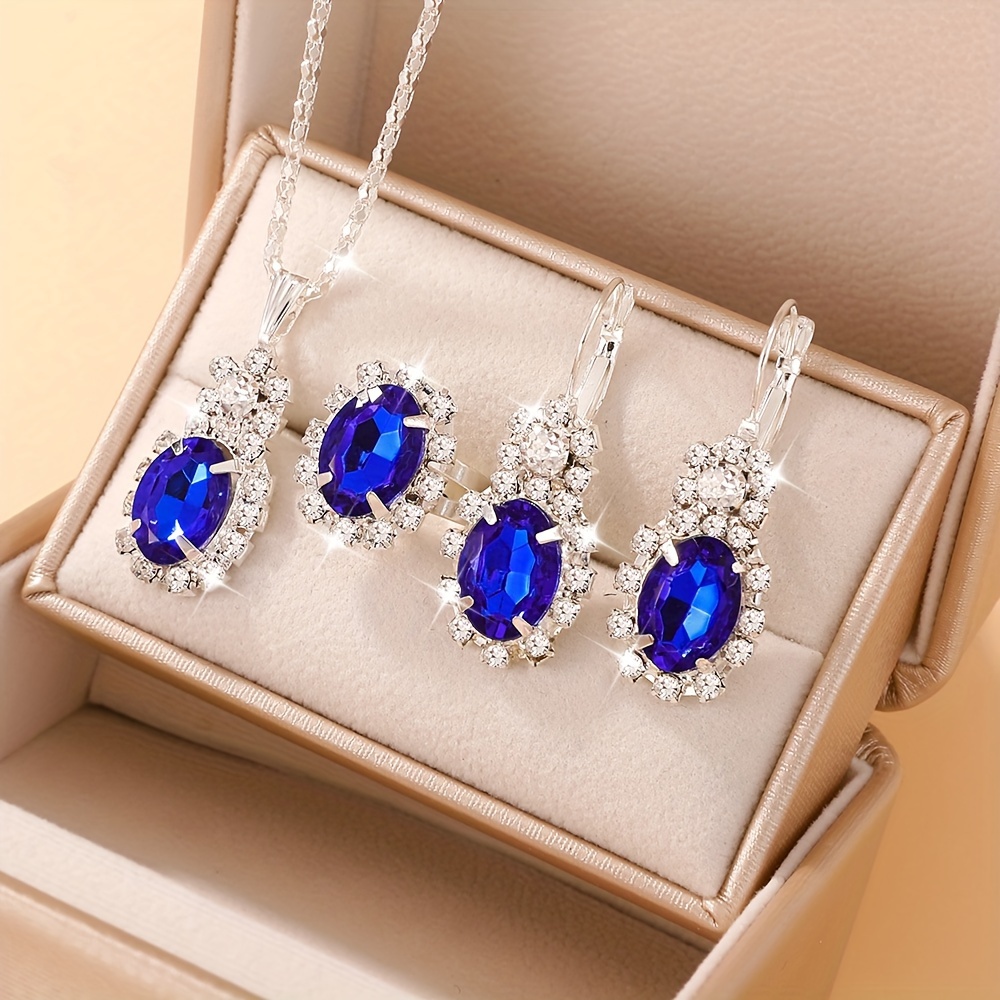 

Elegant Blue Jewelry Set: Necklace, Earrings, And Ring - Perfect For Daily Wear And A Special Gift For Her