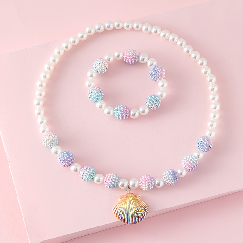 TEMU 2pcs Cute Shell Pendant & Bayberry Ball Stretch Bracelet & Necklace Jewelry Set For Girls, Perfect For Party, Music Festival, Birthday & Summer