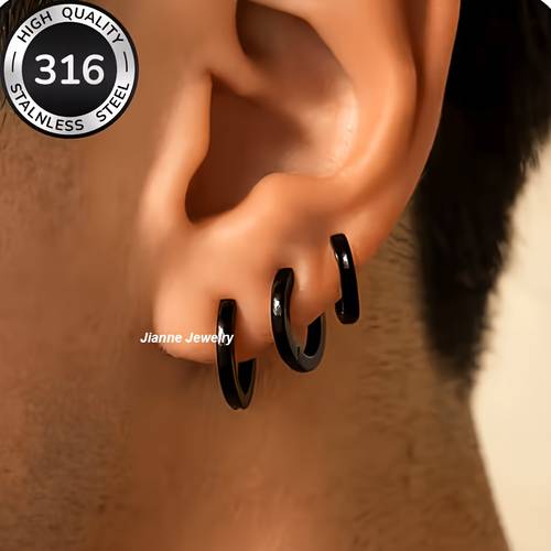 imagen del artículo set de 6 piezas/3 de aretes negros de acero inoxidable | estilo casual unisex de 8 mm a 12 mm | aretes pequeños de aro hipoalergénicos sin baño | aretes adecuados para múltiples piercings