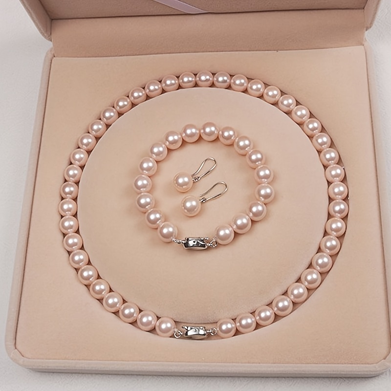 TEMU Pearl High Brightness Pearl Neck Chain Bracelet Earring Set Retro Sweet And Elegant Charm Jewelry Women' Piece Set Comes With Romantic Jewelry Set As A Gift