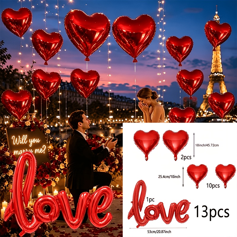 TEMU Ensemble de ballons en aluminium rouge LOVE - 13 pièces, comprenant des ballons lettres de 53 cm, des ballons de cœur de 45,72 cm et 25,4 cm,